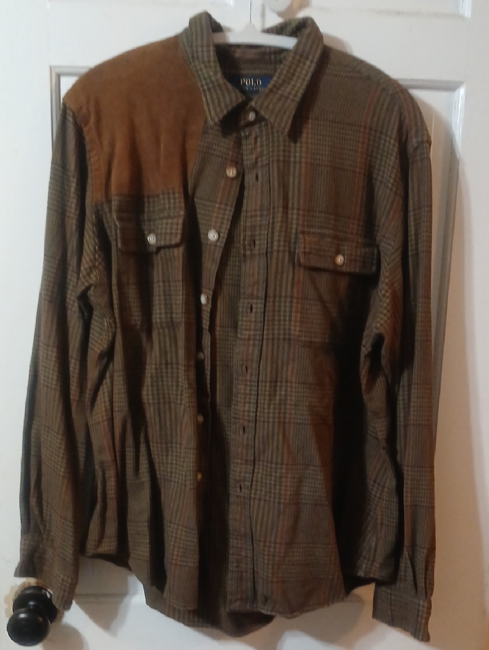 Ralph Lauren  Plaid Wool And Suade Button-Up Hunting Shirt in Brown and Green